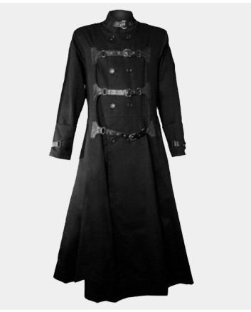 Endless Dark Black Gothic Coat With Leather Strip