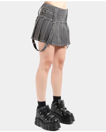 Fog Wash Denim Skirt Pleated